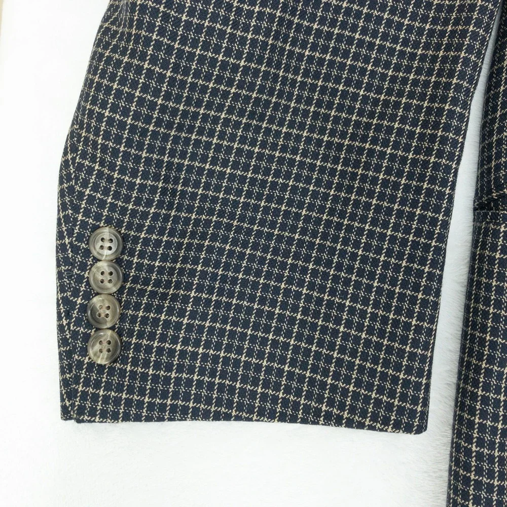 Burberrys Blazer Mens Size 48L Navy Blue Check Pattern Two Button Sport Coat